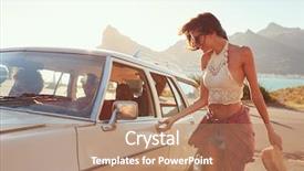  Presentation with millenials - PPT theme featuring millenials - woman getting into car background and a coral colored foreground