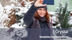  Presentation with parks and recreation snow storm - PPT theme having millenials - woman taking a selfie background and a ocean colored foreground