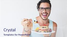  Presentation with belt bed - Beautiful PPT theme featuring millenials - young man having pancakes backdrop and a sky blue colored foreground