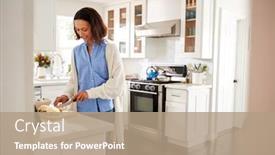  Presentation with millennial - Presentation featuring millennial african american woman standing at worktop in the kitchen preparing food background and a coral colored foreground