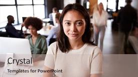  Presentation with millennial - Presentation design having millennial asian female creative standing background and a soft green colored foreground