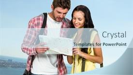  Presentation with millennial - Presentation design featuring millennial couple with map against blurry sky and coastline background and a sky blue colored foreground