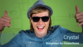  Presentation with green office - Colorful presentation design enhanced with millennial man giving two thumbs backdrop and a ocean colored foreground