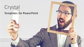  Presentation with millennial - Cool new slide deck with millennial man holding picture frame backdrop and a white colored foreground