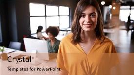  Presentation with millennial - Cool new slide set with millennial white female creative standing backdrop and a gold colored foreground