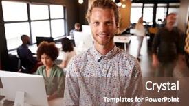  Presentation with millennial - Beautiful presentation theme featuring millennial white male creative standing backdrop and a tawny brown colored foreground