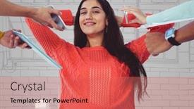  Presentation with millennial - Theme having millennial woman getting handed devices against purple and grey hand drawn windows background and a coral colored foreground