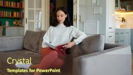  Presentation with millennial - PPT layouts featuring millennial-woman-reading-book-sitting background and a  colored foreground