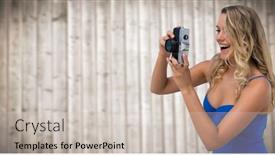  Presentation with wood panel - Theme with millennial woman with camera against blurry wood panel background and a soft green colored foreground
