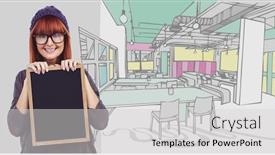  Presentation with millennial - PPT layouts enhanced with millennial woman with chalkboard against hand drawn office background and a light gray colored foreground