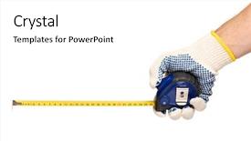  Presentation with tape measure - PPT layouts enhanced with millimeter - male hand wearing working cotton background and a white colored foreground
