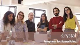  Presentation with design team - Slide deck featuring millinial - portrait of design team background and a coral colored foreground