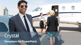 Presentation with business jet - Amazing PPT theme having happy businessman leaning on car with airhostess and pilot greeting business people against private jet backdrop and a ocean colored foreground