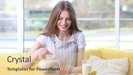  Presentation with temple breakfast - Presentation theme having millk tray - beautiful young woman having breakfast background and a lemonade colored foreground