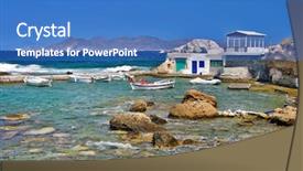  Presentation with cyclades - Presentation design enhanced with milos island - cyclades traditional fishing village background and a teal colored foreground