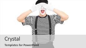  Presentation with mime - PPT theme having mime artist covering his eyes isolated on white background background and a light gray colored foreground