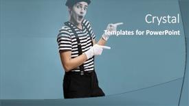  Presentation with mime - Audience pleasing PPT theme consisting of mime-pointing-with-both-hands backdrop and a seafoam green colored foreground
