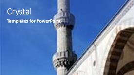  Presentation with mosque - Audience pleasing slide deck consisting of minaret-and-arcade-of-courtyard backdrop and a ocean colored foreground