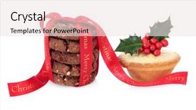  Presentation with chocolate chip cookie - Audience pleasing PPT theme consisting of mince pie and chocolate chip cookie biscuit stack with merry christmas red ribbon and holly over white background backdrop and a white colored foreground