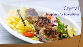  Presentation with veal - Slide set with minced-veal-steaks-with-mashed background and a sky blue colored foreground