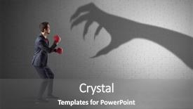  Presentation with scary lion - Slides with mind attack - tiny businessman fighting with scary background and a gray colored foreground