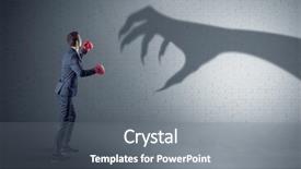  Presentation with scary cinema - Cool new slide deck with mind attack - tiny businessman fighting with scary backdrop and a gray colored foreground
