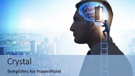  Presentation with artificial intelligence - Theme featuring mind engineering - businessman opening door to artificial background and a light blue colored foreground