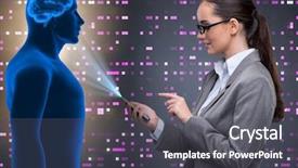  Presentation with artificial intelligence - Colorful slide set enhanced with mind engineering - businesswoman in artificial intelligence concept backdrop and a dark gray colored foreground