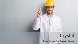  Presentation with safety - Amazing PPT theme having mind engineering - handsome young engineer man backdrop and a light gray colored foreground