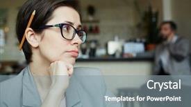  Presentation with contemplating - Theme enhanced with mind engineering - thoughtful businesswoman with pencil background and a gray colored foreground