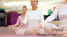  Presentation with exercise mat - Presentation theme featuring mind exercise - relaxed mature woman practicing yoga background and a lemonade colored foreground