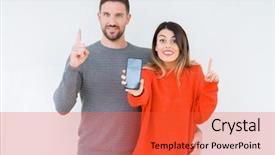  Presentation with transparen virtural screen - Amazing slides having mind family - young couple showing smartphone screen backdrop and a red colored foreground