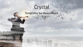  Presentation with businessman standing on mountain top - Slide deck with sitting on top of building background and a light gray colored foreground