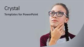  Presentation with glasses - Cool new presentation theme with mind thinker - young thoughtful girl in glasses backdrop and a  colored foreground