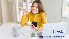  Presentation with cheerful stylish city girl using - Colorful presentation theme enhanced with mindfulness kids - beautiful young girl kid using backdrop and a  colored foreground