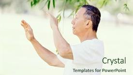  Presentation with old man - Colorful slides enhanced with mindfulness meditation - old man practicing thai chi backdrop and a cream colored foreground
