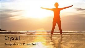  Presentation with sunset beach - Slide set featuring mindfulness meditation - silhouette young woman exercise background and a gold colored foreground