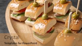  Presentation with burgers - Slide deck featuring mini burgers for baby shower party on wooden plate background and a coral colored foreground