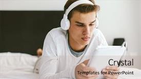  Presentation with old music - Slides having mini computer - 16 years old teenage boy background and a coral colored foreground