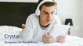  Presentation with old music - Audience pleasing theme consisting of mini computer - 16 years old teenager using backdrop and a sky blue colored foreground