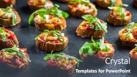  Presentation with healthy snack - PPT theme with mini-eggplant-appetizers-with-tomato background and a ocean colored foreground