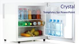  Presentation with fridge - PPT layouts enhanced with mini fridge full of bottles of juice soda and fruit isolated on white background and a sky blue colored foreground