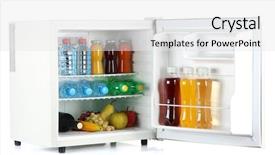  Presentation with fridge - Colorful theme enhanced with mini fridge full of bottles of juice soda and fruit isolated on white backdrop and a white colored foreground