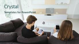  Presentation with living room - Slide deck having mini game - two teenagers using tablet pc background and a sky blue colored foreground