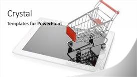  Presentation with shopping trolley - Audience pleasing PPT layouts consisting of mini market trolley with tablet backdrop and a white colored foreground