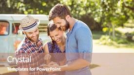  Presentation with selfie - Colorful PPT theme enhanced with mini van - hipster friends looking at their backdrop and a  colored foreground