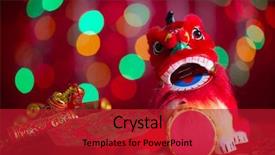  Presentation with chinese new year - Amazing theme having miniature dancing lion and firecracker backdrop and a crimson colored foreground