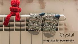  Presentation with house heating - Colorful slide set enhanced with miniature-model-house-with-knitted backdrop and a coral colored foreground