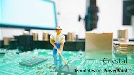  Presentation with repair - Colorful presentation theme enhanced with miniature-repair-man-on-mainboard backdrop and a seafoam green colored foreground