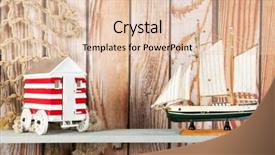  Presentation with sailboat - Audience pleasing presentation consisting of miniature sailboat cart and fishing net with wooden background backdrop and a lemonade colored foreground